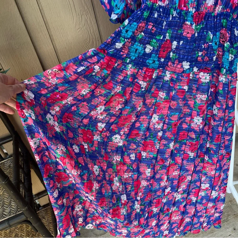 Diane Freis Original Vintage Midi Dress Blue Floral Sequin Boho 80s - Picture 12 of 12